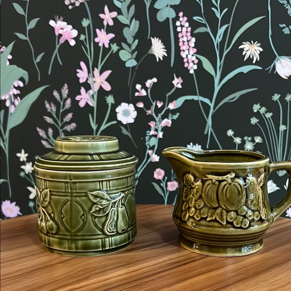 VINTAGE Olive Green ceramic Cream & Sugar, Japan 70’s bohemian kitchen decor